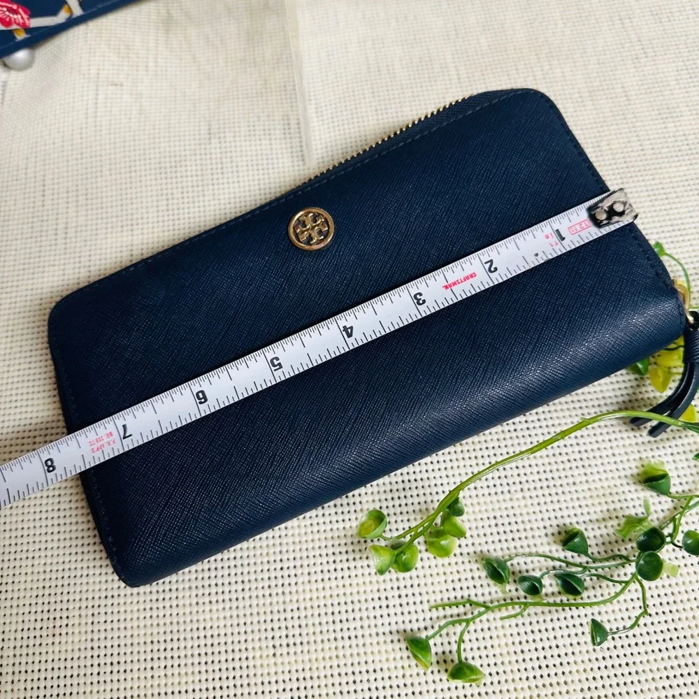 Tory Burch Robinson Saffiano Leather Zip Around Wallet in Blue Multipockets